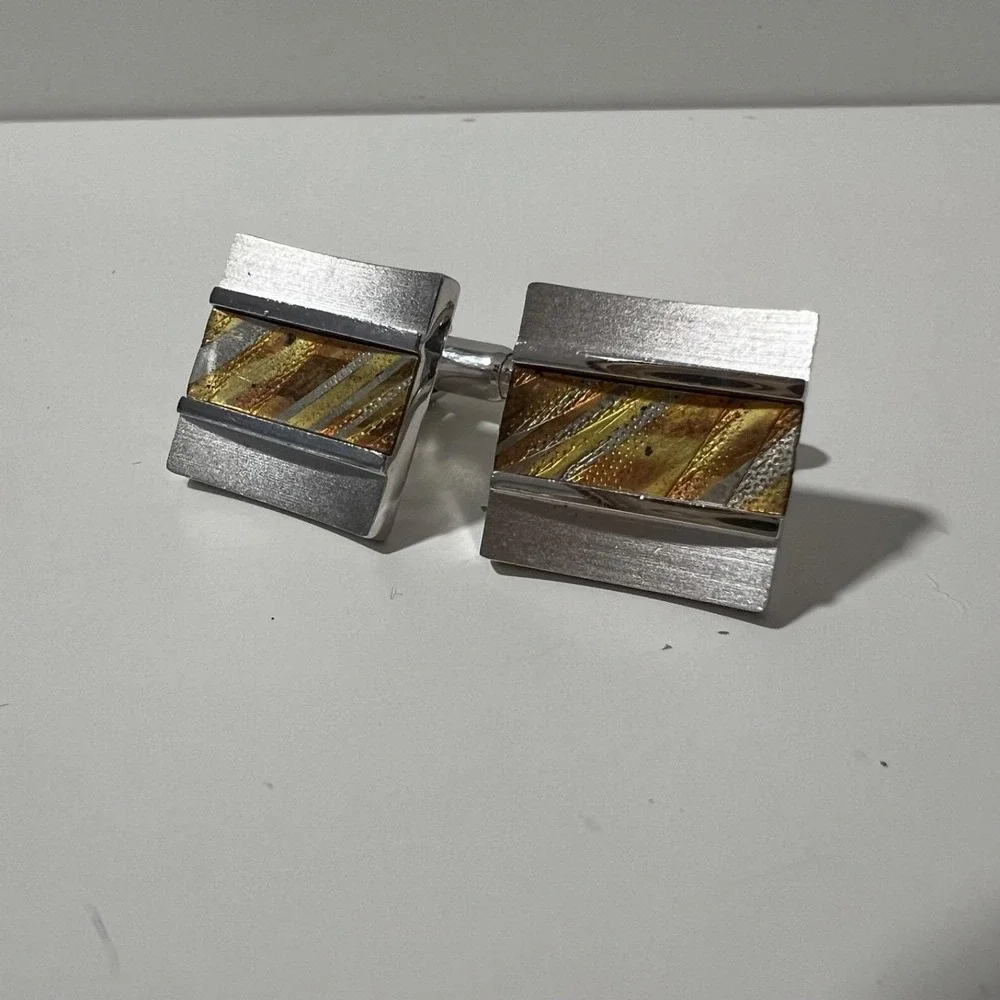 Vintage Anson Silver tone‎ square cufflinks w mixed metal rectangle bullet back